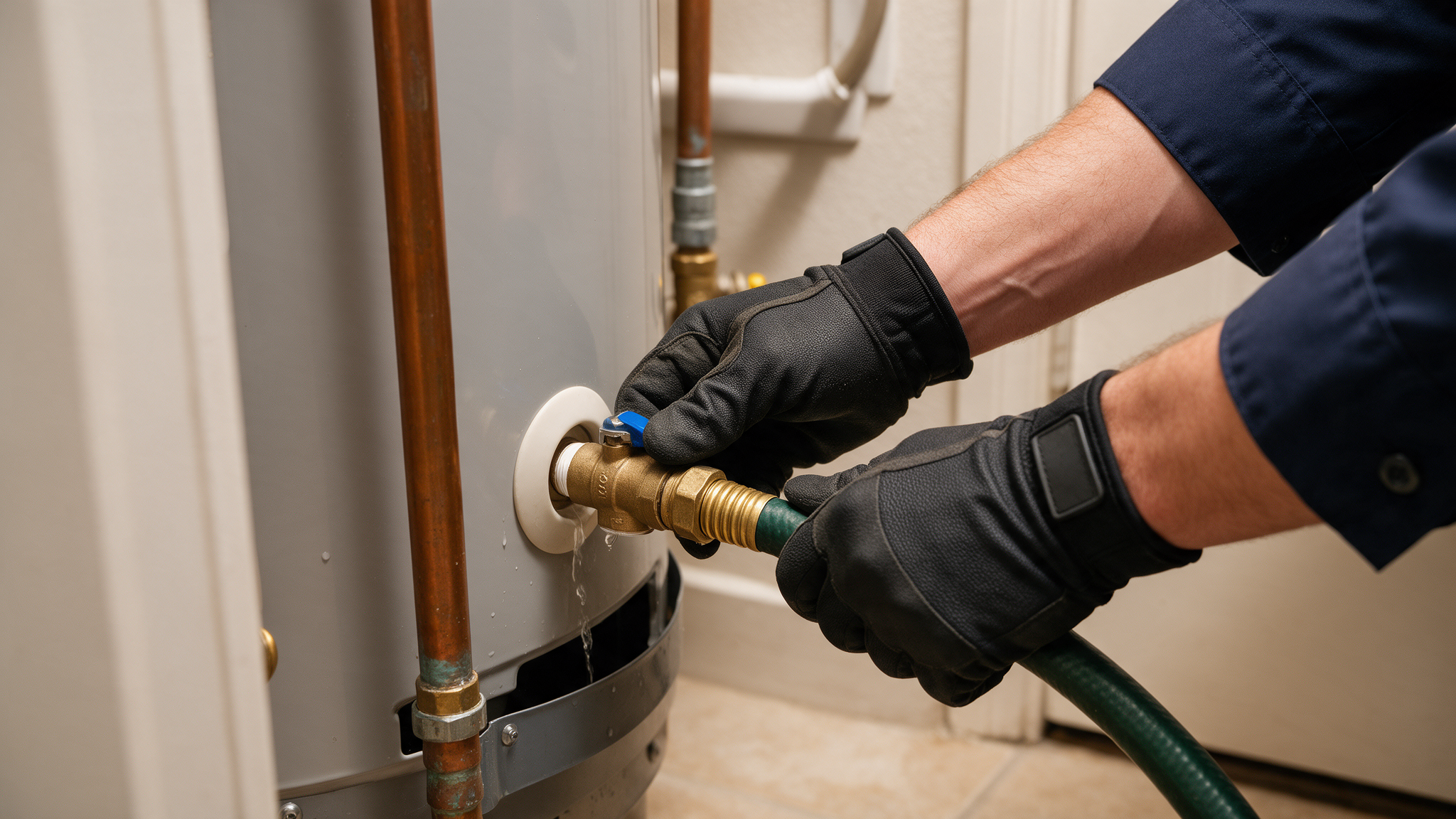 Plumber performing an annual flush on a tank-style water heater to extend its lifespan